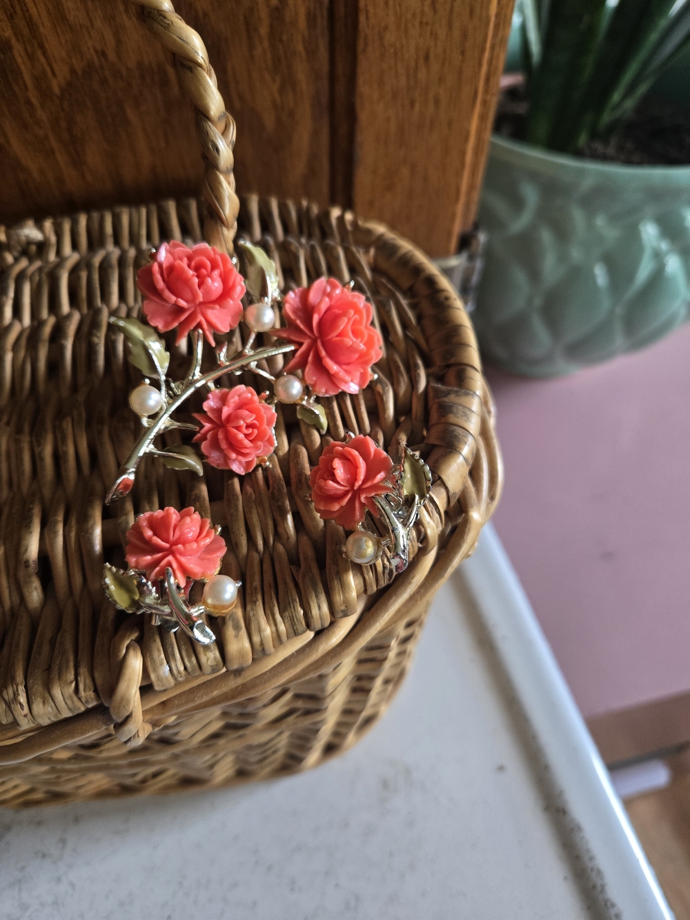 Vintage Coral Flower Pearl Branch Statement Brooch And Matching Earrings